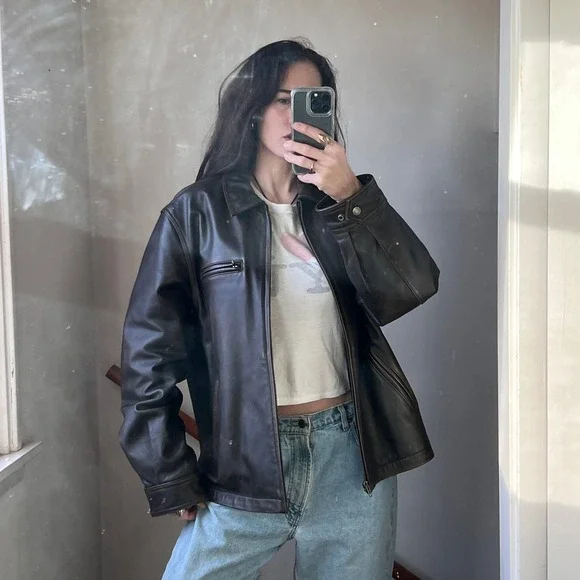 Vintage Brown Leather Bomber Jacket Faded Distressed Oversized Full Zip